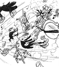 Cartoon of musicians blown away by wind